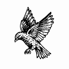 Obraz premium Graceful Bird in Flight, Black and White Illustration of a Bird Spreading Its Wings in Mid-Air, Detailed Artwork of a Flying Bird with Intricate Feather Designs