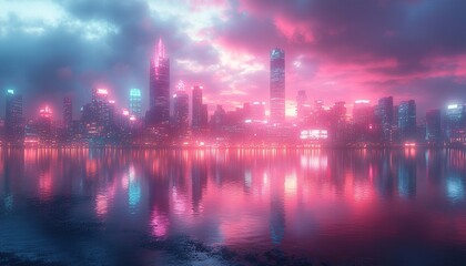 Neon cityscape reflected in water at sunset with dramatic sky