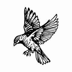 Graceful Bird in Flight, Black and White Illustration of a Bird Spreading Its Wings in Mid-Air, Detailed Artwork of a Flying Bird with Intricate Feather Designs