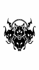 Intense Three-Headed Wolf with Chain, Black and White Illustration of a Ferocious Wolf with Three Heads Connected by a Chain, Bold Tribal Design with Sharp Teeth and Snarling Expressions