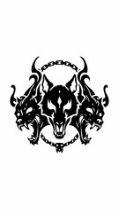 Fototapeta premium Intense Three-Headed Wolf with Chain, Black and White Illustration of a Ferocious Wolf with Three Heads Connected by a Chain, Bold Tribal Design with Sharp Teeth and Snarling Expressions
