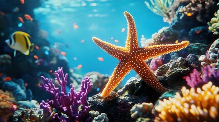 Starfish on vibrant coral reef, underwater ocean scene, tropical fish background. Ideal for marine life, nature documentaries