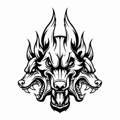 Ferocious Three-Headed Wolf Illustration, Black and White Artwork of a Wolf with Three Snarling Heads, Powerful Tribal Wolf Design with Intense Expression and Intricate Details © chocobibi