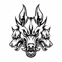 Ferocious Three-Headed Wolf Illustration, Black and White Artwork of a Wolf with Three Snarling Heads, Powerful Tribal Wolf Design with Intense Expression and Intricate Details