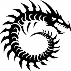 Powerful Dragon Spiral Design, Fierce Black and White Dragon with Curved Tail and Sharp Spines, Intricate Dragon Art with Tribal Style and Fearsome Dragon Head