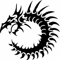 Powerful Dragon Spiral Design, Fierce Black and White Dragon with Curved Tail and Sharp Spines, Intricate Dragon Art with Tribal Style and Fearsome Dragon Head