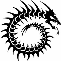 Powerful Dragon Spiral Design, Fierce Black and White Dragon with Curved Tail and Sharp Spines, Intricate Dragon Art with Tribal Style and Fearsome Dragon Head