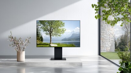 Modern TV displaying scenic lake view in minimalist living room