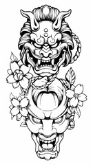 Intricate Japanese Mythical Lion and Oni Mask Artwork, Fearsome Lion with Oni Face and Floral Embellishments, Bold Black and White Design with Traditional Japanese Mask and Animal Motifs
