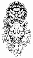 Intricate Japanese Mythical Lion and Oni Mask Artwork, Fearsome Lion with Oni Face and Floral Embellishments, Bold Black and White Design with Traditional Japanese Mask and Animal Motifs