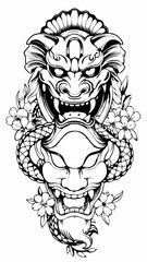Intricate Japanese Mythical Lion and Oni Mask Artwork, Fearsome Lion with Oni Face and Floral Embellishments, Bold Black and White Design with Traditional Japanese Mask and Animal Motifs