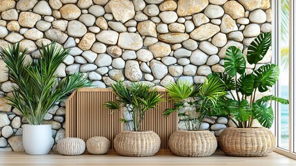 Fototapeta premium Tropical plants, stone wall, room decor, ocean view, home design