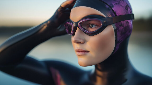 Swimmer adjusting goggles before open water race at sunset