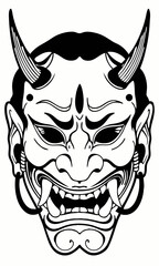 Intricate Japanese Oni Mask Illustration, Traditional Demon Mask with Horns and Sharp Teeth, Bold Black and White Artwork of a Fearsome Oni Face with Unique Detailing