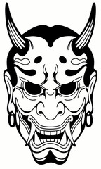 Intricate Japanese Oni Mask Illustration, Traditional Demon Mask with Horns and Sharp Teeth, Bold Black and White Artwork of a Fearsome Oni Face with Unique Detailing