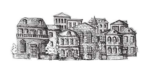 Townscape hand drawn. Old architecture. 
