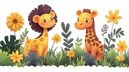 Naklejka premium Two Cute Giraffe Animals in a Garden with Sunflowers and Foliage Whimsical Illustration Style.