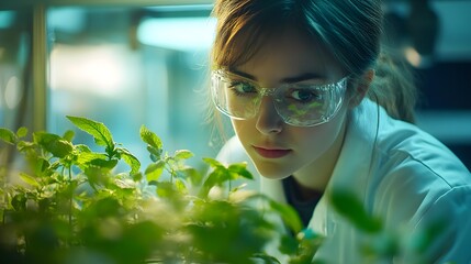 Portrait of a focused female environmental scientist wearing safety glasses and examining a plant specimen under a microscope in a modern laboratory setting  Concept of scientific research