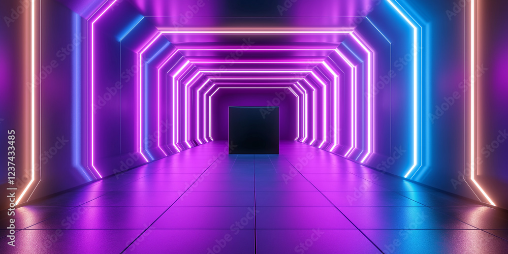 Aufkleber black cube standing at the end of futuristic neon illuminated corridor