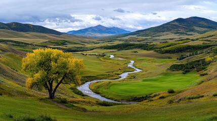 Autumn River Valley Landscape,  Mountain Views, Golf Course