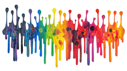 Dripping paint strokes forming a colorful rainbow on transparent background