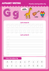 Draw according to uppercase and lowercase letters G g. ABC alphabet coloring exercise. Kindergarten letter drawing exercises for children to learn English with cute cartoon animals. Coloring books for