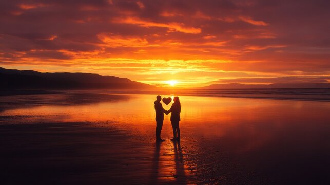 romantic couple silhouette at sunset beach - Powered by Adobe