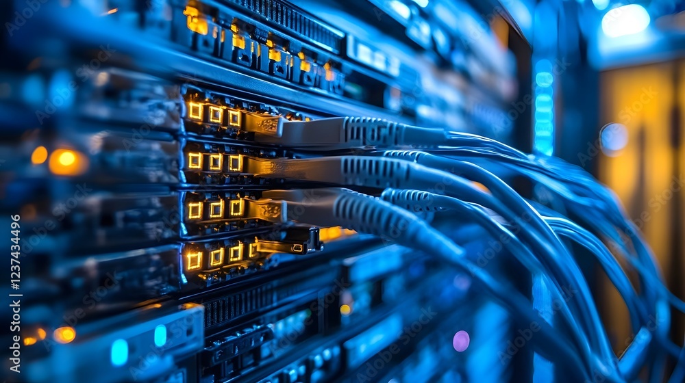 Poster close up view of an it support specialist working in a server room surrounded by various networking 