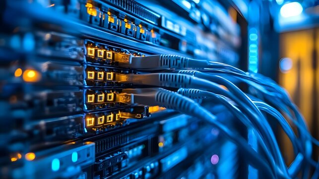 Close up view of an IT support specialist working in a server room surrounded by various networking equipment data cables and technology infrastructure