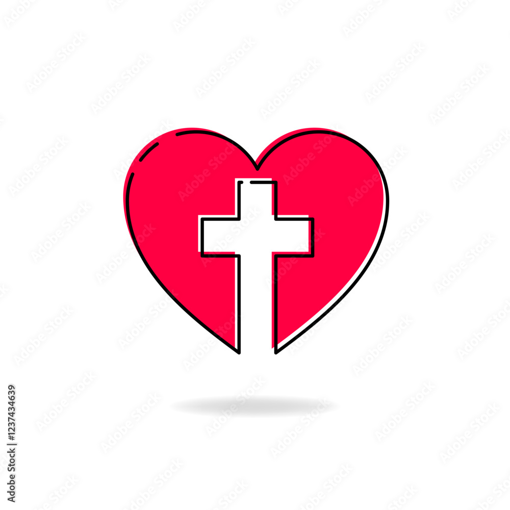 Poster vector design of red heart with cross in the center and thin contour line