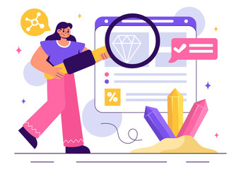 Vector Illustration of a Mineralogist Examining Natural Stones and Mineral Structures for Jewelry Making or Chemical Reactions in a Flat Background