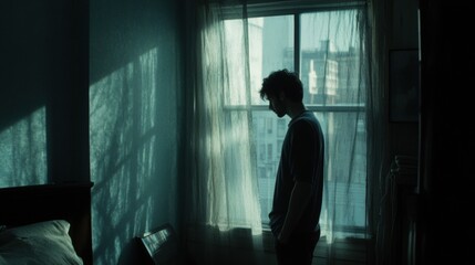 man standing by window in dimly lit room