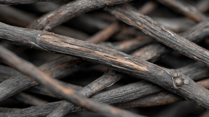 Close-up of intertwined dark brown twigs, textured background, nature detail