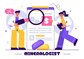 Vector Illustration of a Mineralogist Examining Natural Stones and Mineral Structures for Jewelry Making or Chemical Reactions in a Flat Background