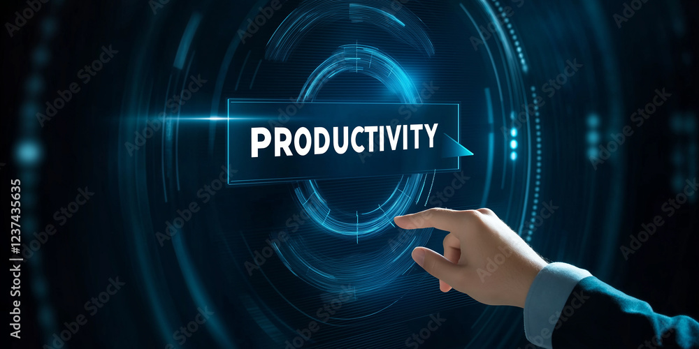 Poster hand touching productivity button on a futuristic virtual screen