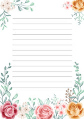 Floral stationery, lined floral note paper. Note cards with flowers, elegant and feminine letterhead. Can be used for writing diaries and notebooks. 
