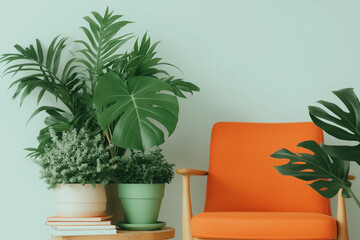 Fototapeta premium Indoor plants and orange chair against a light green wall