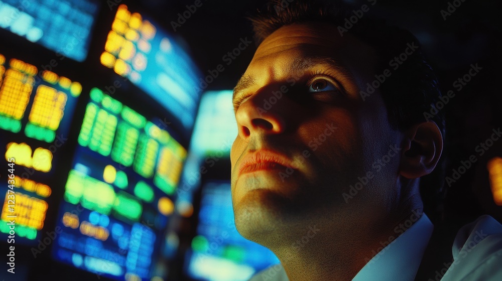 Poster stock trader analyzing market data on monitors
