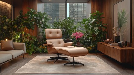 Luxury Living Room with Eames Lounge Chair and Ottoman, Amidst Lush Greenery