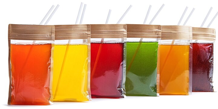 Colorful fruit juice pouches, straws, white background, refreshing drinks