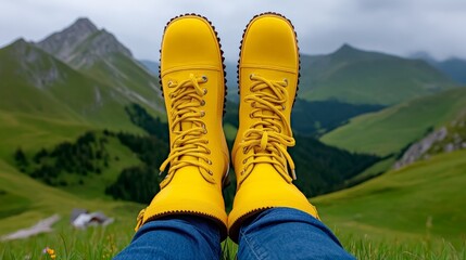 Yellow Boots, Mountain Vistas: A unique perspective showcasing a person's feet clad in vibrant yellow boots against a breathtaking backdrop of verdant mountains and rolling hills.