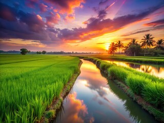 Captivating sunrise photography: golden light illuminates lush rice paddies and tranquil canals.