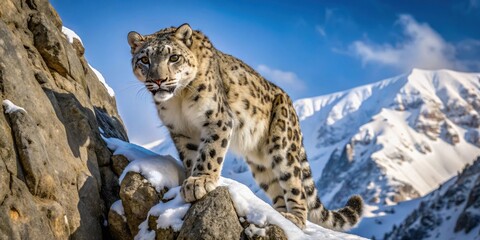 Fototapeta premium Snow Leopard climbing a mountain rock face, snow leopard, leopards, mountain, rocks, nature, animals, wildlife, Asia