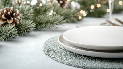 Festive Christmas table setting, plates, pine, lights