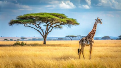 Fototapeta premium Giraffe standing in savannah grass with acacia trees, giraffes, savannah animals, wild animals, african wildlife, grasslands