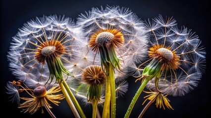 Close-up: Dying dandelions against a stark black background, a poignant macro photograph.