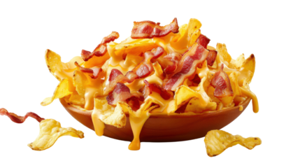 Potato chips with melted cheddar cheese and bacon on transparent background