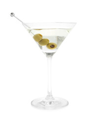 Martini cocktail with olives in glass isolated on white