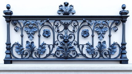 Obraz premium A wrought iron railing with flowers and leaves is shown in a blue hue
