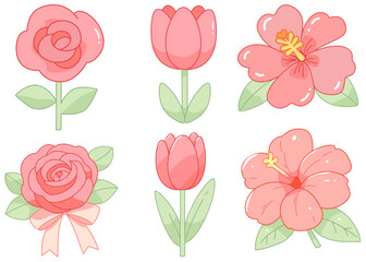 Set of cute pink various flower sample style 